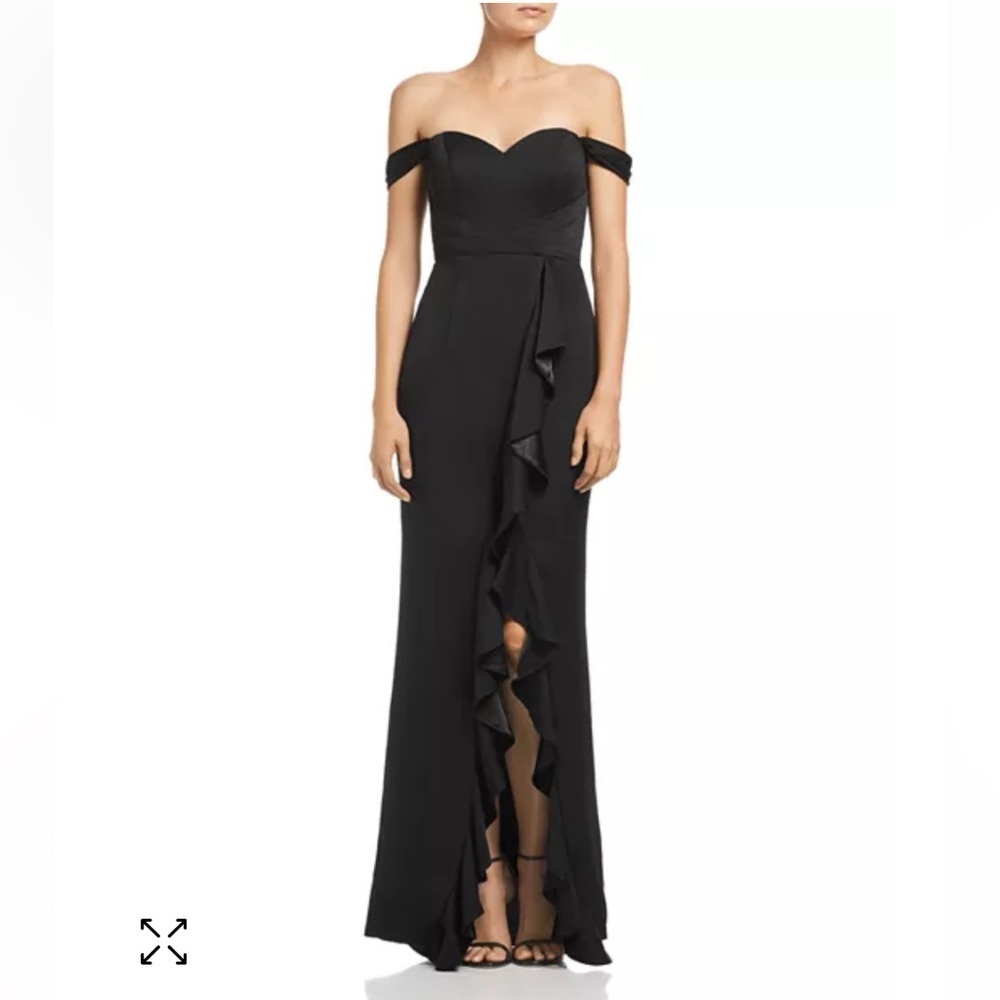 Bariano Edie Gown Size Medium Black Ruffle Front Off The Shoulders $298 NWT